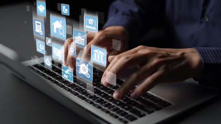 Online property search icons showing real estate rent, sale, housing, location, property management, key, contract, mortgage, home loan, and housing market. Funnelの写真素材