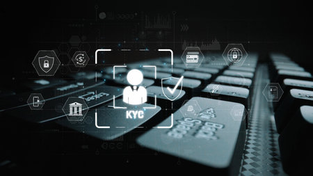 Digital KYC verification with biometric scan, ID authentication, and financial security icons representing identity verification, secure onboarding, fraud prevention, and compliance Marrowの写真素材