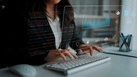 Data dashboard and analytics system supports business, analytics, and data insights through centralized charts, statistics, and monitoring interfaceの写真素材