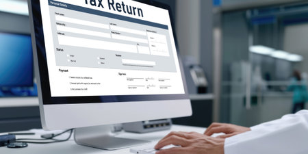 Online tax return form for submitting individual income tax return form brisk on the internet website. Government web for tax payment and return. Taxation technology concept.の素材