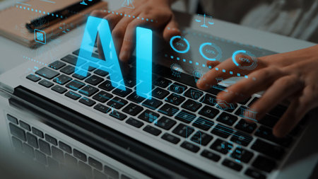 AI circuit microchip with glowing blue lines, surrounded by legal scales, warning symbols, data sheets, and binary codes, representing ethical AI, AI governance, and data integrityの写真素材