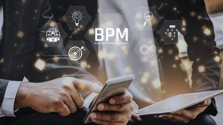 Business Process Management concept showing workflow analysis, process optimization, team...