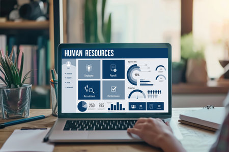 Human resources management software on computer screen helping human resources employee to manage recruitment, payroll, staff searching and KPI evaluation briskの素材