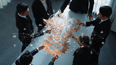 A dynamic business scene depicting a diverse team collaborating around gears and a lightbulb,...