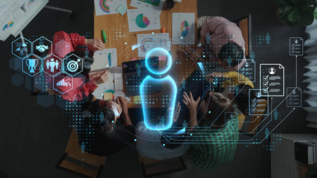 A group of professionals collaborates in a modern workspace, analyzing data and developing...