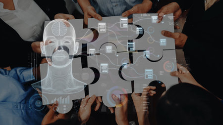 A diverse group of professionals collaborates on a digital concept using puzzle pieces, featuring a brain graphic, illustrating the synergy between innovation and technology in business. Rasterの写真素材