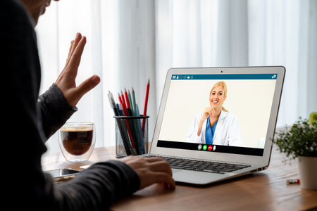 Doctor video call online by modish telemedicine software application for virtual meeting with...