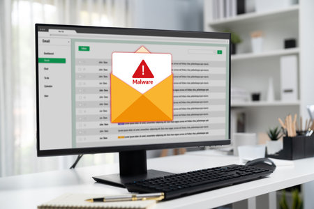 Cyber attacking concept. Malware alert showing on computer screen display scam and threat detection on computer system or online server to be removed brisk.の写真素材