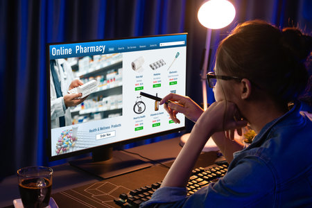 on pharmacy online store on computer screen for shopping for medical products drugs and medicine briskの素材
