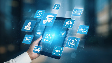 Data privacy and cyber security icons show encryption, data privacy safeguards, and cyber security...
