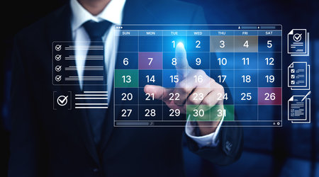 A digital calendar interface for business planning and organization. Used for scheduling events, managing tasks with checklists, and tracking important deadlines.の写真素材