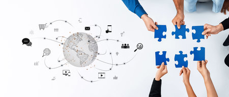 A creative concept showcasing hands holding puzzle pieces symbolizing teamwork, connected through...