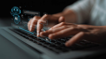 AI chatbot improves virtual assistant interaction. AI chatbot processes text, supports users, AI chatbot automates replies, and AI chatbot enables smart messaging.の写真素材