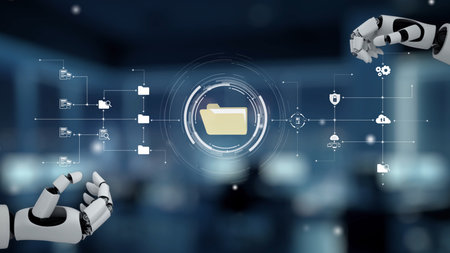 AI organizes folders through virtual assistant sorting, cloud AI systems, and artificial intelligence for secure and efficient digital file workflows.の写真素材