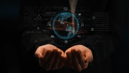 Global AI and data processing system enhances data, AI, and processing efficiency through digital network and global integration of intelligent technologyの写真素材