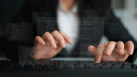 AI accelerates software development through intelligent coding, automation, and debugging support. Software systems become more efficient with AI-assisted programming tools.の写真素材