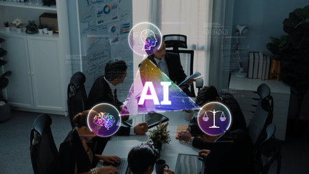 A dynamic business meeting showcasing professionals discussing innovative ideas, integrating artificial intelligence, legal implications, and data analysis for future growth. Rasterの写真素材