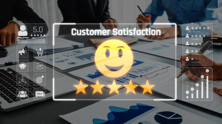 A business team collaboratively analyzes customer satisfaction metrics using graphs and digital tools, fostering effective strategies for growth and improvement. Rasterの写真素材