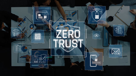 A high-angle view of a business meeting focused on cybersecurity. Professionals discuss the Zero...