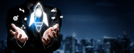 Rocket representing business growth and startup launch, surrounded by icons of strategy, analysis, teamwork, and success. EIDEの写真素材