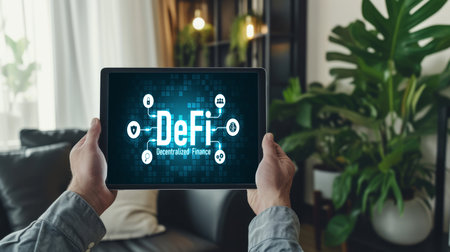 Decentralized finance or DeFi concept on brisk computer screen . The defi system give new choice of investment and money saving .の素材