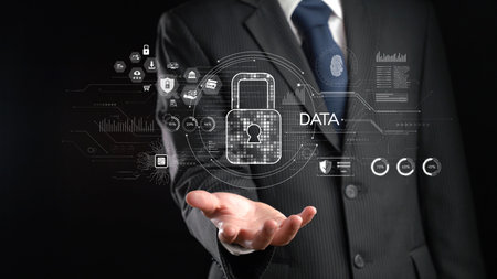 A professional man in a suit presents a virtual lock symbolizing data security, surrounded by...