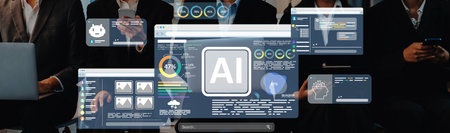 A dynamic office scene featuring professionals using advanced technology, engaging with artificial...