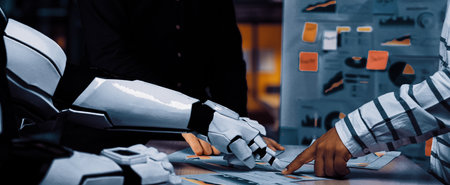 A futuristic scene depicts a collaboration between a human and a robot, analyzing charts and data in a modern office, highlighting innovation in technology and teamwork.の写真素材