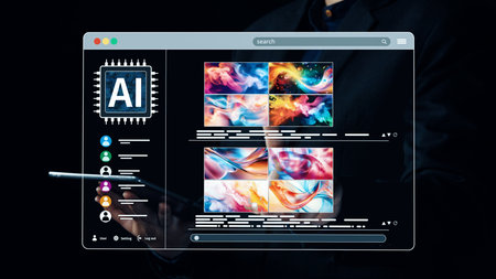 AI platform generating art images with dynamic interface. AI-generated content appears in image gallery artificial intelligence view. Genrative AI loading multiple image from AI design engine. Elideの写真素材