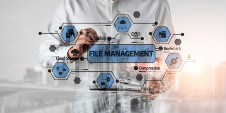 Visual representation of file management with icons and technology elements showcasing efficiency...