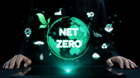 Illustration showing the concept of net zero emissions with a vibrant green planet surrounded by environmental icons, emphasizing sustainable practices and corporate responsibility.の写真素材