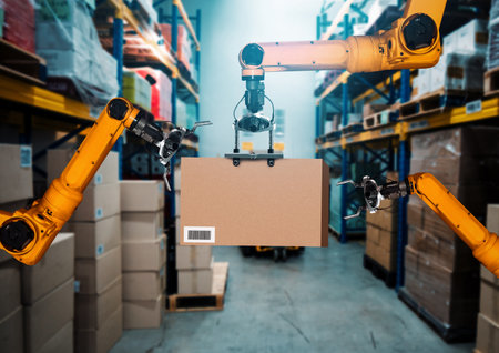 Smart robot arm system for innovative warehouse and factory digital technology . Automation manufacturing robot controlled by industry engineering using IOT software connected to internet network .の写真素材