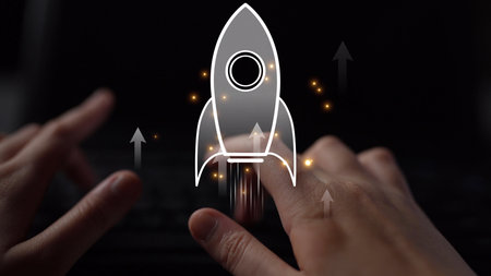 Startup launch and business growth concept, rocket symbolism, entrepreneurship, startup innovation, and early-stage success strategies for new business development and expansion.の写真素材