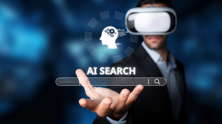 A professional man engages with advanced AI search technology through virtual reality. The image...