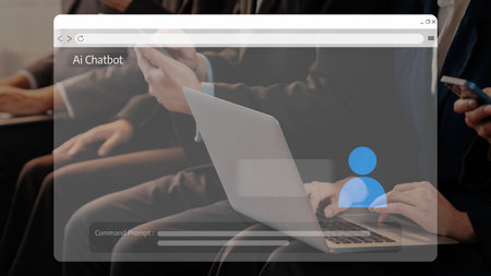 People are engaged in digital interactions with a virtual AI chatbot. The scene highlights...