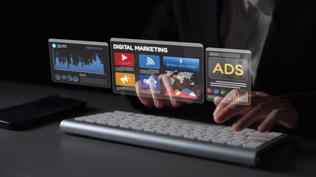 Online ads and digital marketing help brands grow. Content marketing builds engagement. Marketing tools boost ROI. Effective ads and marketing drive online business success.の写真素材