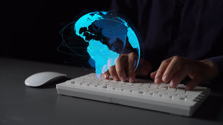 Global network connection visualization showing data exchange, digital link, worldwide...