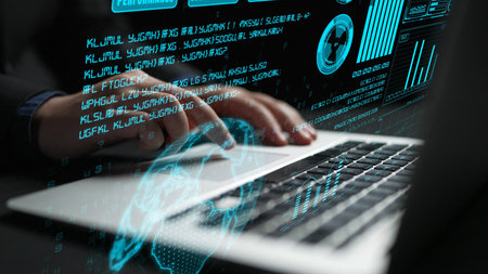 A business professional works on a laptop surrounded by a futuristic digital interface showcasing various data graphs and metrics for informed decision-making.の写真素材