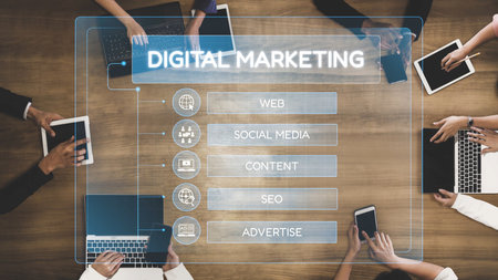 Digital marketing strategy broken down into categories: web, SEO, content, social media, and advertise. Digital tools enhance online marketing success across digital platforms.の写真素材