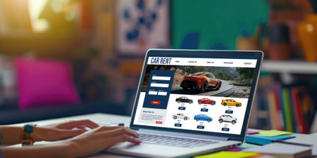 car rental website on computer screen for tourist to rent a car for transportation briskの素材