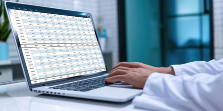 Accounting software on computer screen showing financial statement spreadsheets and account balance of corporate business offer accountant a fine calculation accounting briskの素材