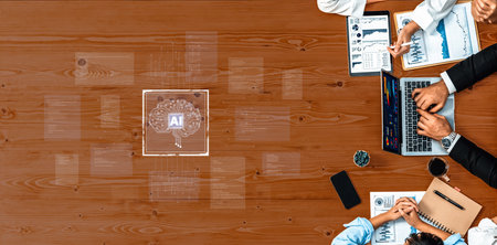 A business team engages in a collaborative meeting featuring a modern office setup. Elements include...