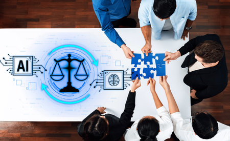 A group of professionals collaborates around a table, symbolizing the integration of artificial...