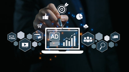 Online ads and digital marketing help brands grow. Content marketing builds engagement. Marketing tools boost ROI. Effective ads and marketing drive online business success.の写真素材