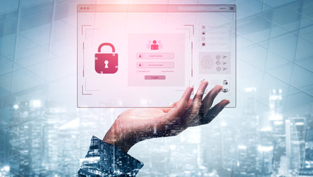 Concept of cybersecurity and data privacy. A secure login interface requires user authentication...
