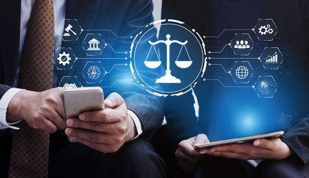 Futuristic digital law interface displaying justice scale, highlighting digital law, AI compliance,...