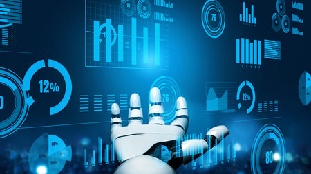 A robotic hand extends towards vibrant digital charts and graphs, symbolizing the intersection of technology and data analytics in a modern workspace.の写真素材