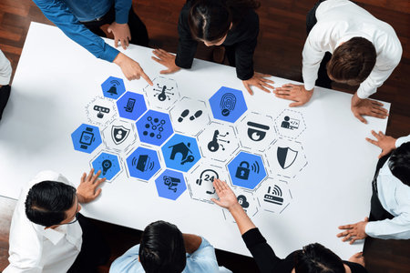 Home security icons show smart home, surveillance, and safety devices. Home security ensures...