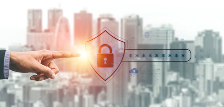 A concept of advanced network security. This system combines password protection with biometric fingerprint authentication and cloud data verification for secure access.の写真素材