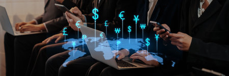 Business professionals engaged in currency transactions during a conference, showcasing technology,...
